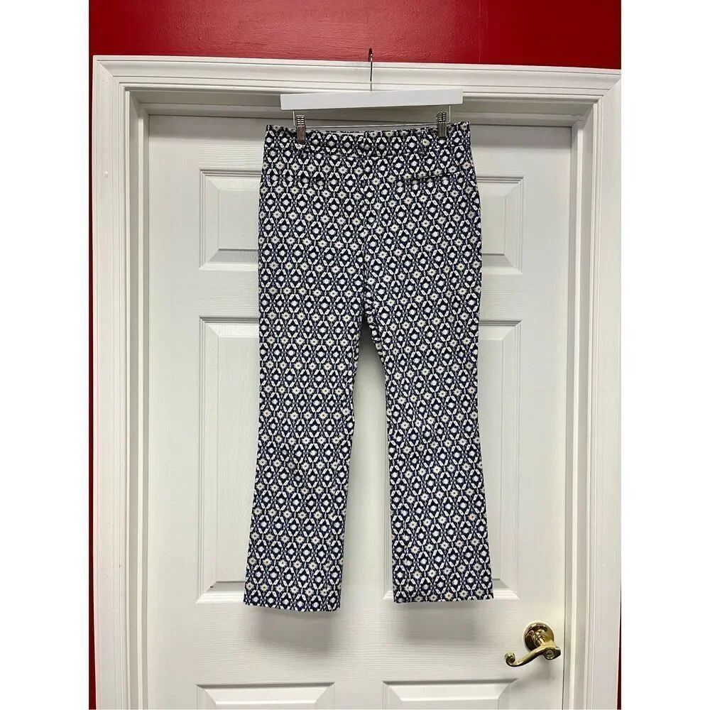 Anthropologie Blue Cream & Tan Print Straight Leg Pants sz 8